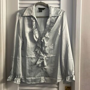 Ninety satiny light grey button down blouse w/VNeck & Ruffles. EUC Size L